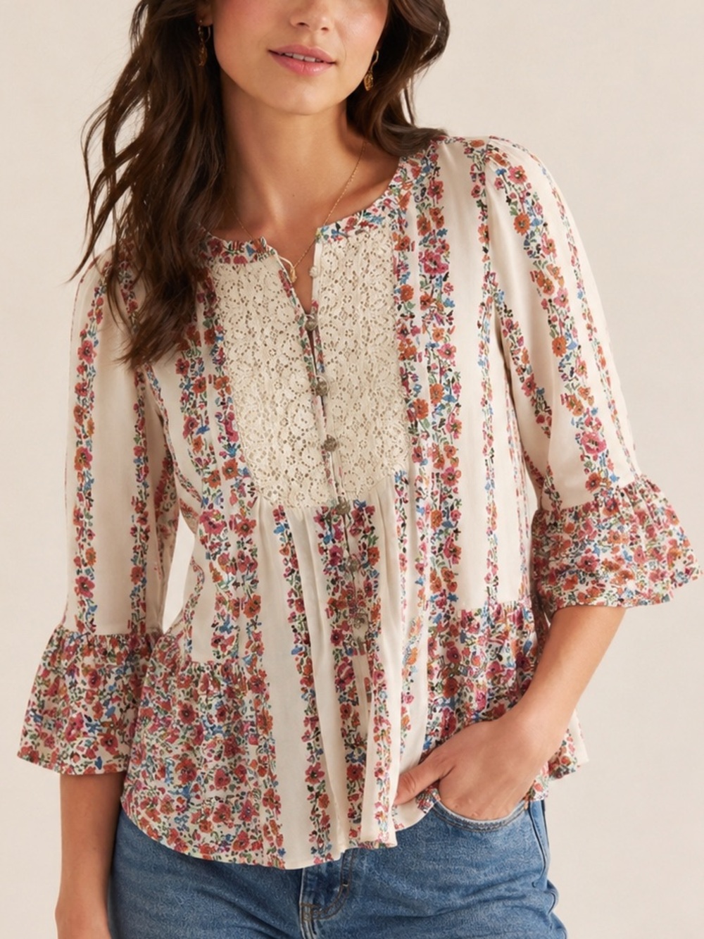 Anthropologie Maeve Hiver Floral Lace Peasant Blouse Boho Cotton Size 8 Top